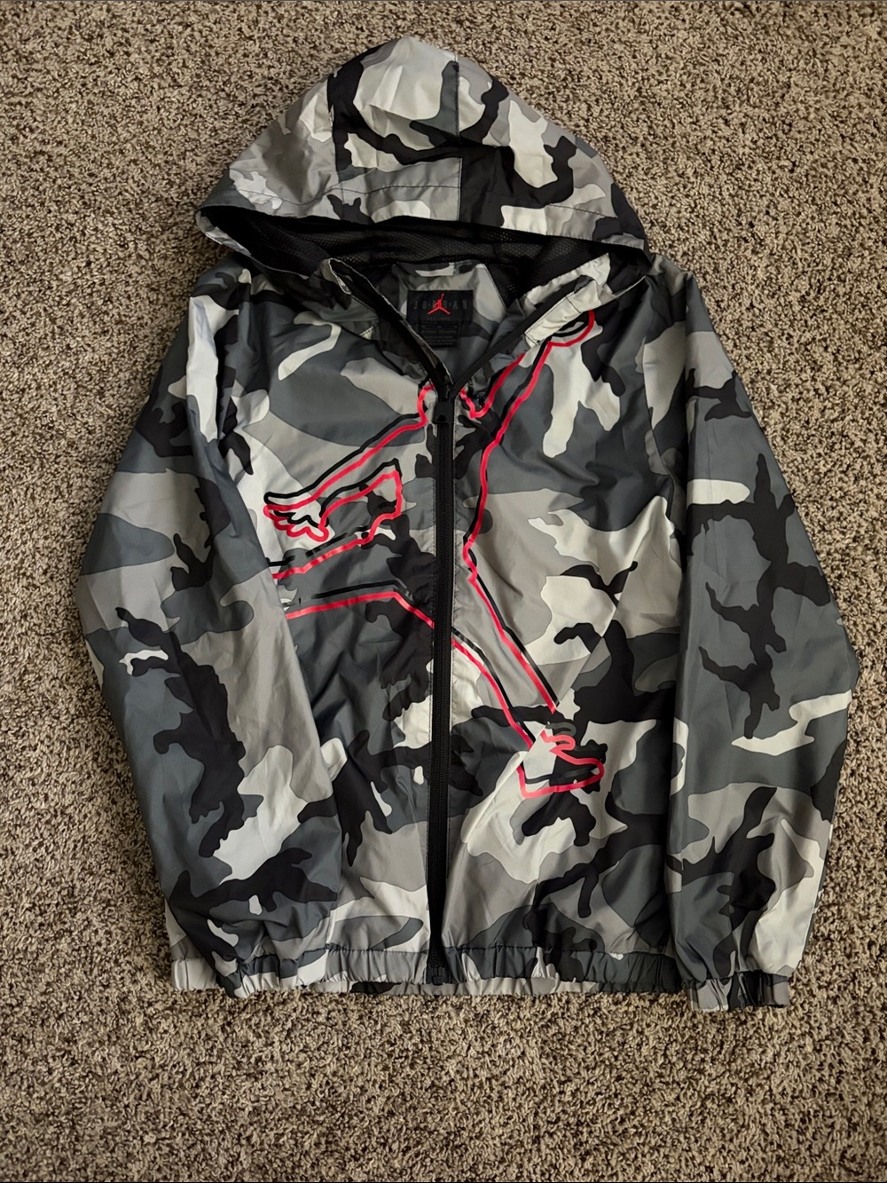 Jordan Gray Camo Windbreaker with Red Outlined Jumpman